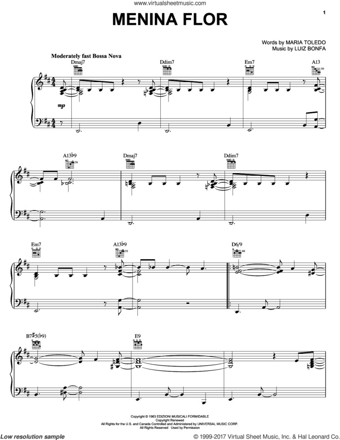 Menina Flor sheet music for piano solo by Luiz Bonfa and Maria Toledo, intermediate skill level
