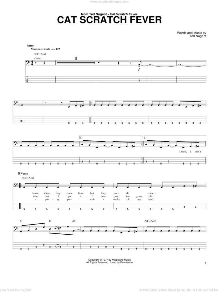 Cat Scratch Fever sheet music for bass (tablature) (bass guitar) by Ted Nugent and Pantera, intermediate skill level