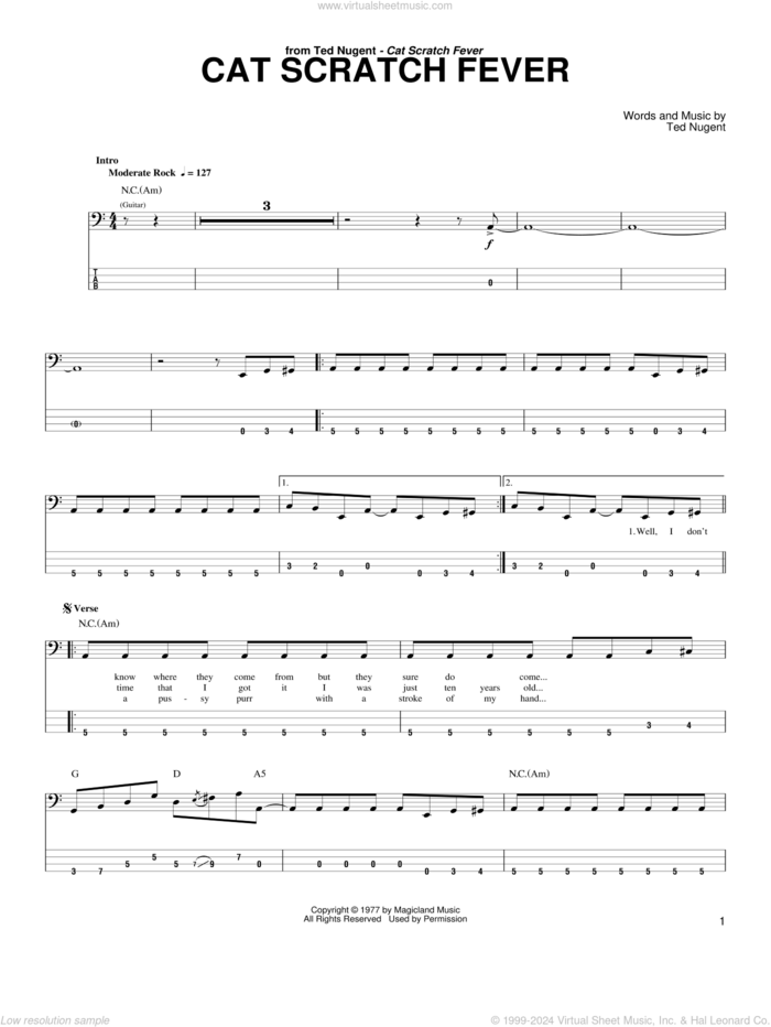 Cat Scratch Fever sheet music for bass (tablature) (bass guitar) by Ted Nugent and Pantera, intermediate skill level