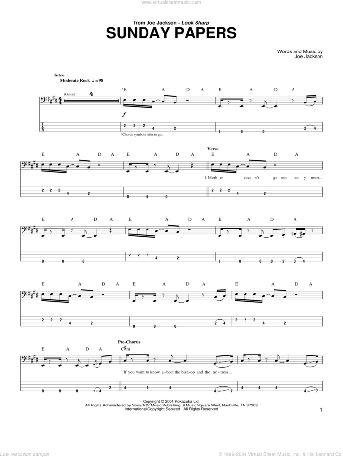 Sunday Papers sheet music for bass (tablature) (bass guitar) by Joe Jackson, intermediate skill level