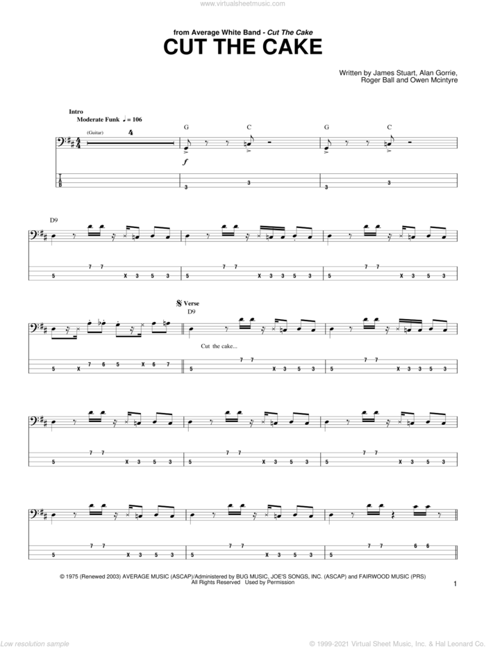 Cut The Cake sheet music for bass (tablature) (bass guitar) by Average White Band, Alan Gorrie, Duncan Malcolm, James Stuart, Owen McIntyre, Robbie McIntosh and Roger Ball, intermediate skill level