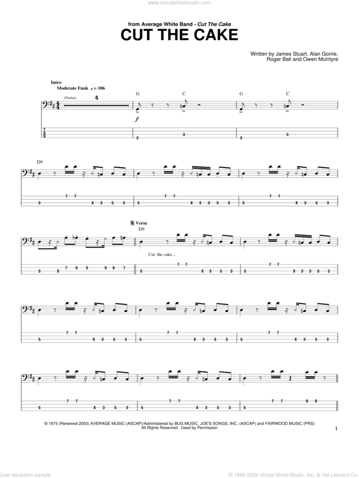 Cut The Cake sheet music for bass (tablature) (bass guitar) by Average White Band, Alan Gorrie, Duncan Malcolm, James Stuart, Owen McIntyre, Robbie McIntosh and Roger Ball, intermediate skill level