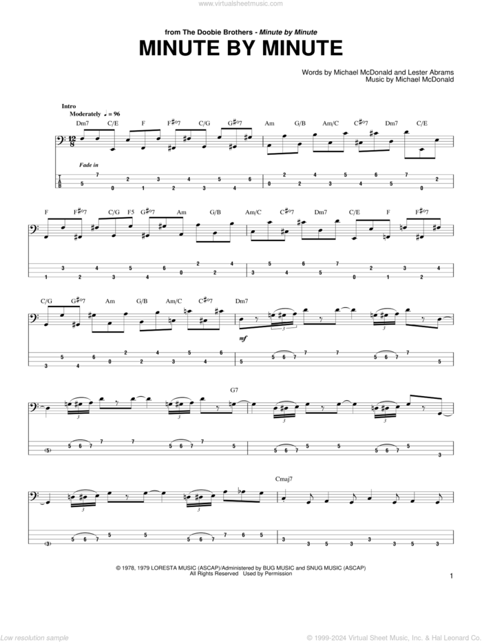 Minute By Minute sheet music for bass (tablature) (bass guitar) by The Doobie Brothers, Lester Abrams and Michael McDonald, intermediate skill level