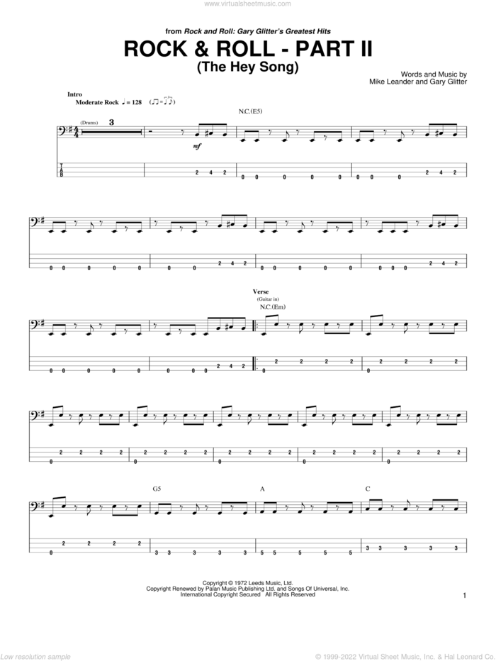 Rock and Roll - Part II (The Hey Song) sheet music for bass (tablature) (bass guitar) by Gary Glitter and Mike Leander, intermediate skill level