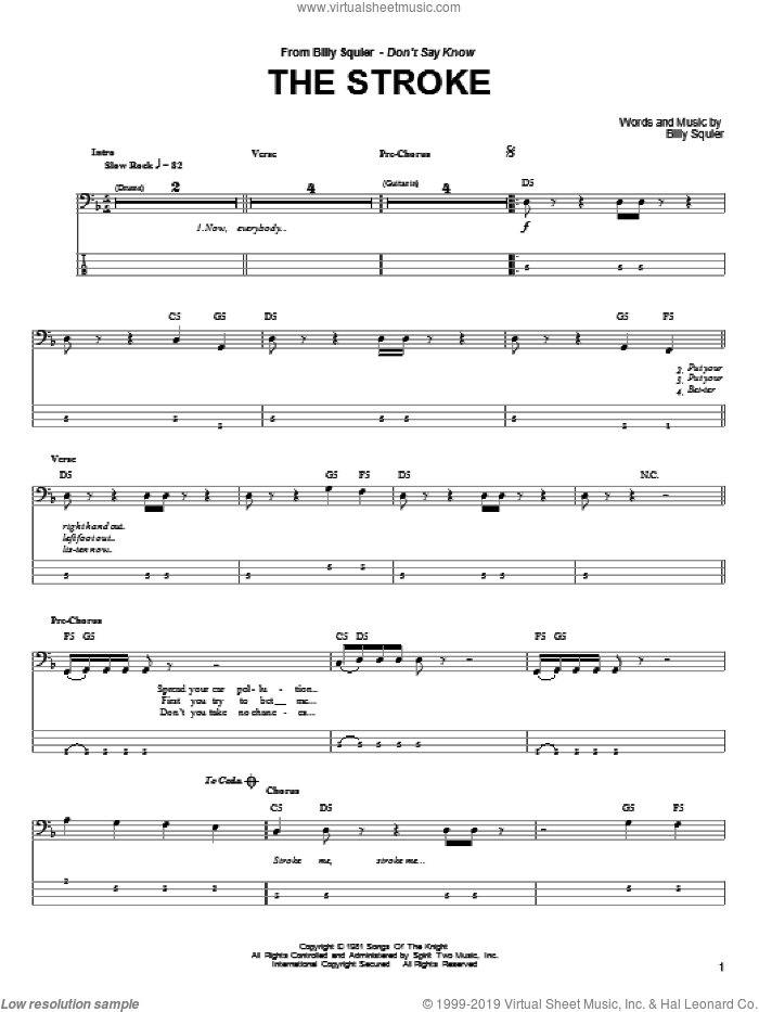 The Stroke sheet music for bass (tablature) (bass guitar) by Billy Squier, intermediate skill level