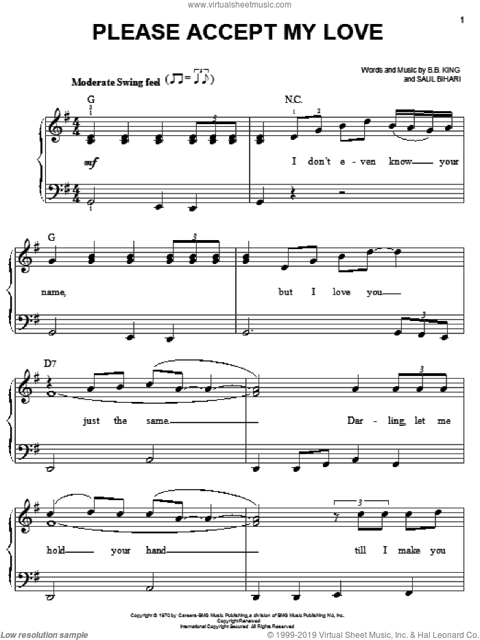 Please Accept My Love sheet music for piano solo by B.B. King and Saul Bihari, easy skill level