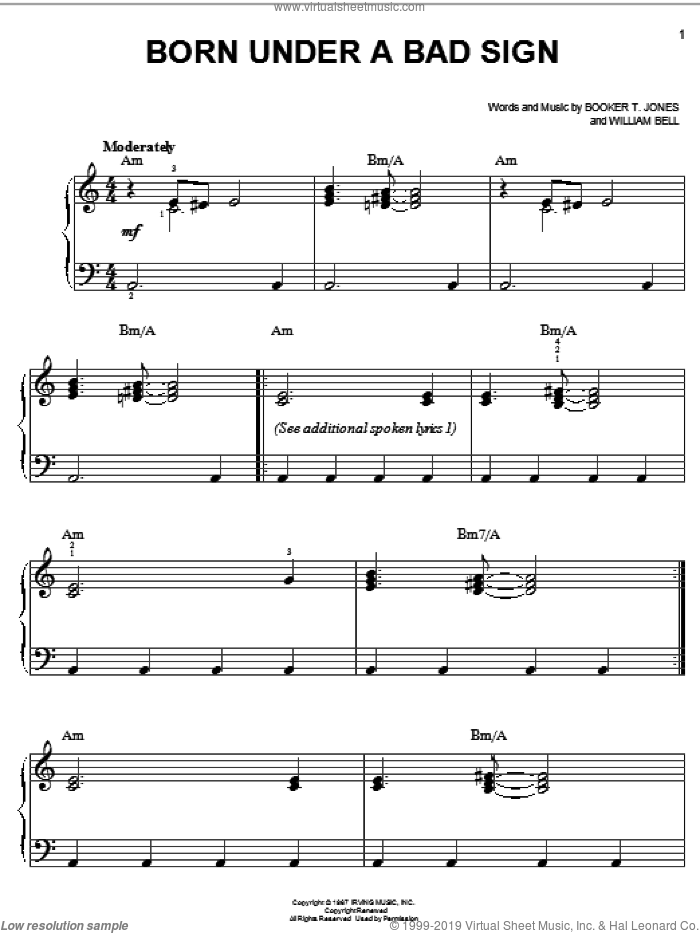 Born Under A Bad Sign sheet music for piano solo by Albert King, Cream, Booker T. Jones and William Bell, easy skill level