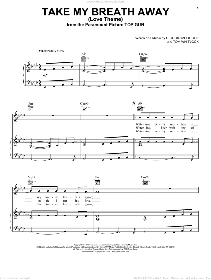 Take My Breath Away (Love Theme) sheet music for voice, piano or guitar by Giorgio Moroder, Irving Berlin, Jessica Simpson and Tom Whitlock, intermediate skill level