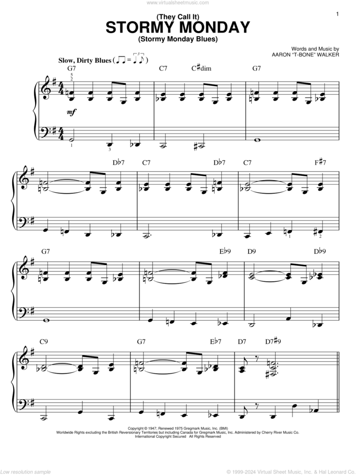 (They Call It) Stormy Monday (Stormy Monday Blues) sheet music for piano solo by Aaron 'T-Bone' Walker, easy skill level