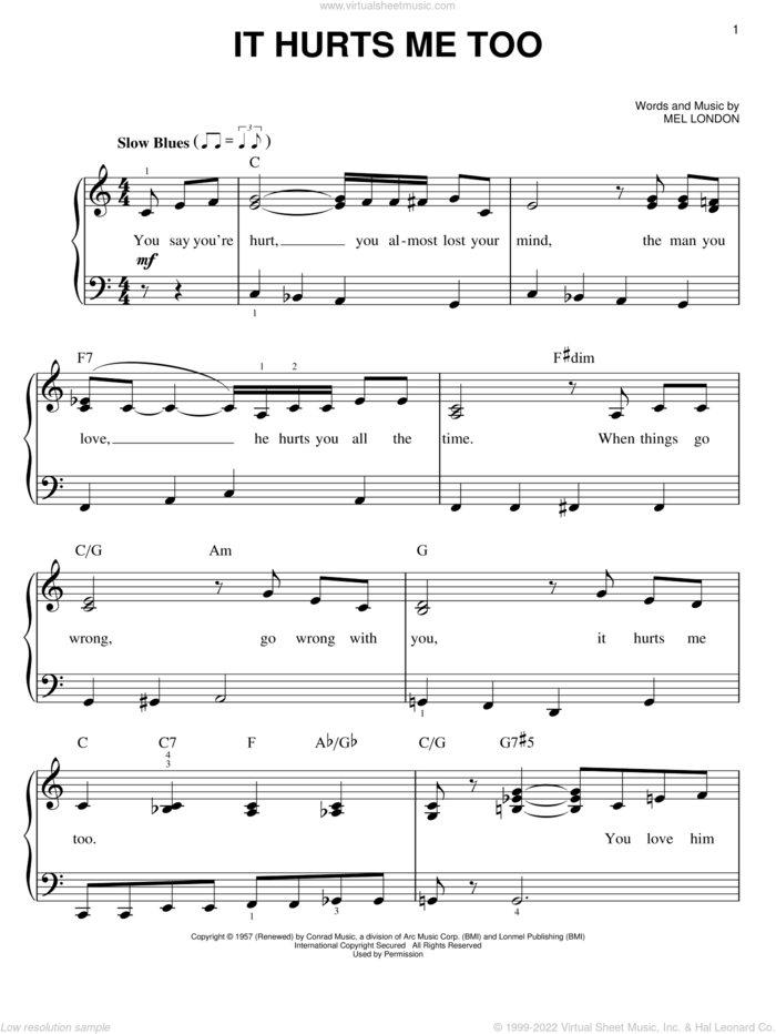 It Hurts Me Too sheet music for piano solo by Elmore James, Keb Mo and Mel London, easy skill level