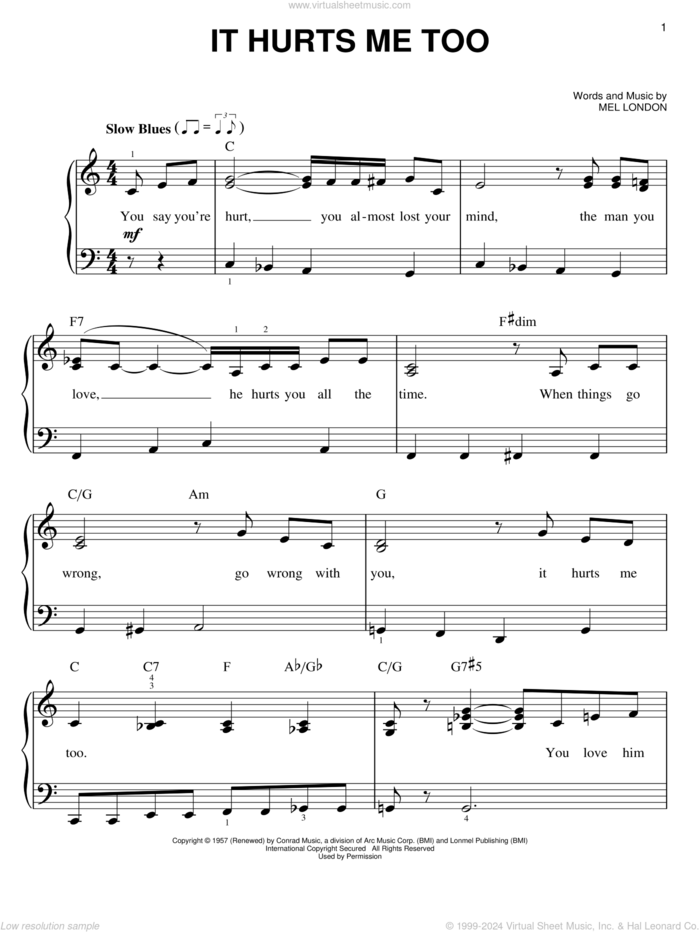 It Hurts Me Too sheet music for piano solo by Elmore James, Keb Mo and Mel London, easy skill level