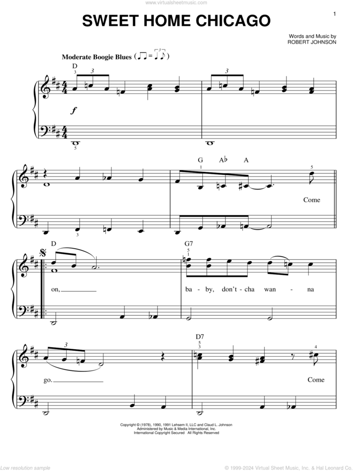 Sweet Home Chicago, (easy) sheet music for piano solo by Robert Johnson, Blues Brothers and Freddie King, easy skill level