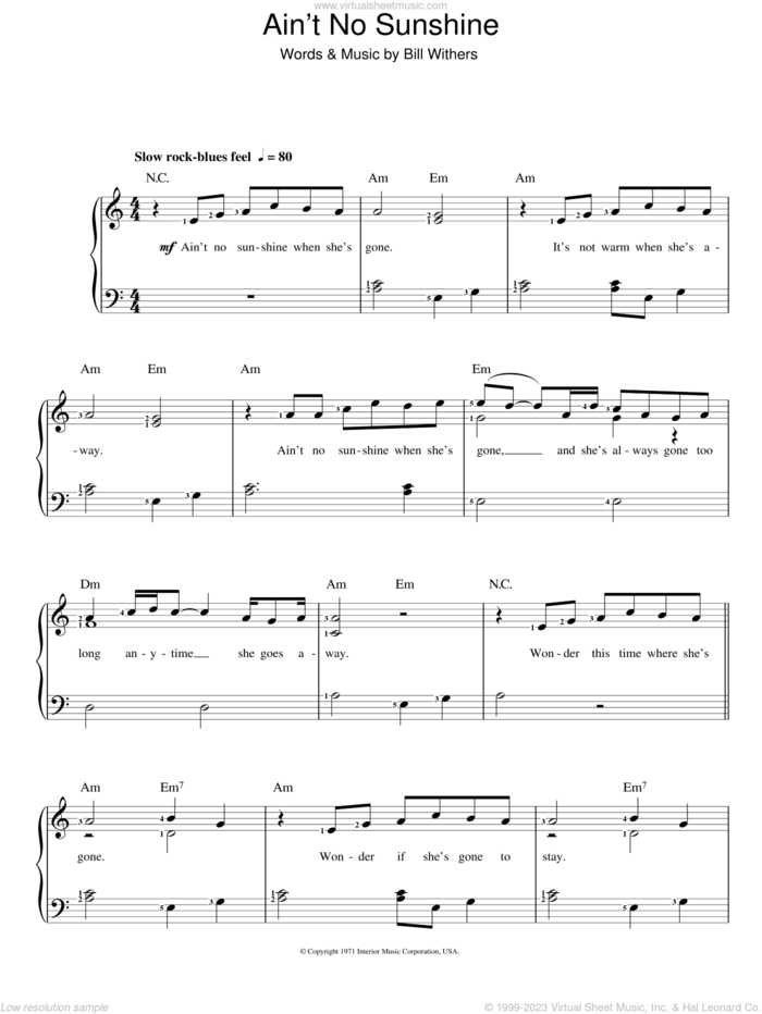 Ain't No Sunshine sheet music for voice and piano by Bill Withers, intermediate skill level