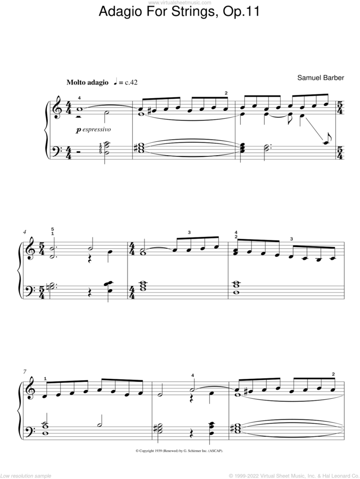 Adagio For Strings Op. 11, (easy) sheet music for piano solo by Samuel Barber, classical score, easy skill level