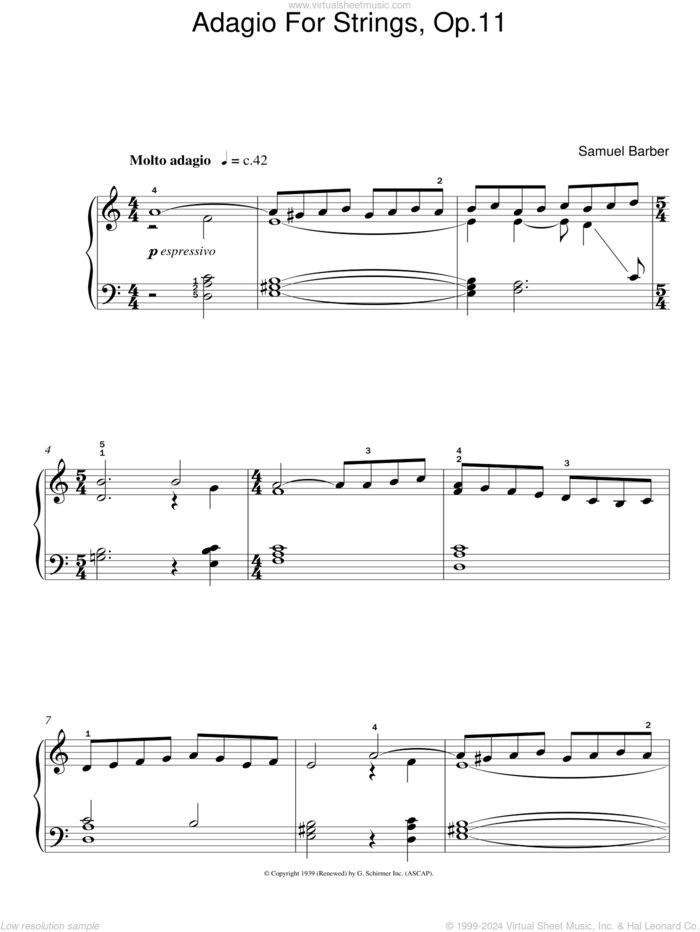 Adagio For Strings Op. 11, (easy) sheet music for piano solo by Samuel Barber, classical score, easy skill level