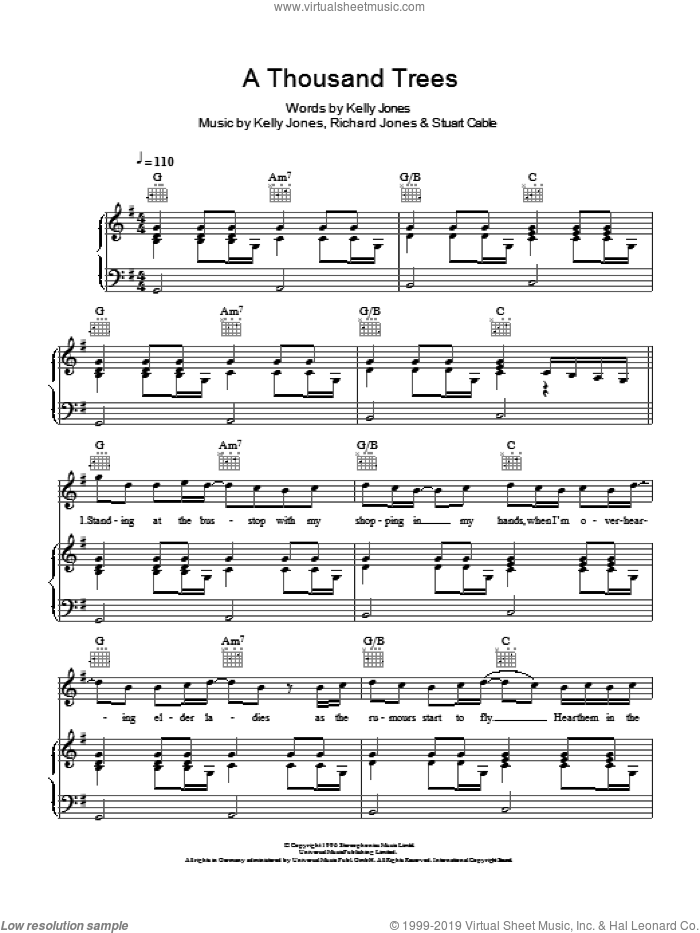 A Thousand Trees sheet music for voice, piano or guitar by Stereophonics, Kelly Jones, Richard Jones and Stuart Cable, intermediate skill level
