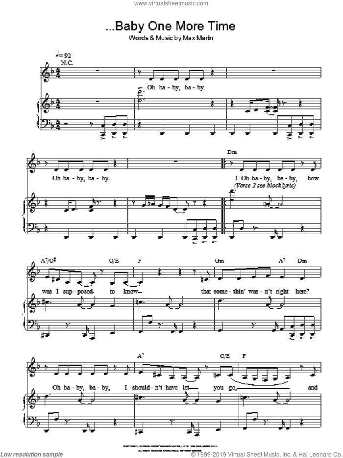 ...Baby One More Time sheet music for voice and piano by Britney Spears and Max Martin, intermediate skill level
