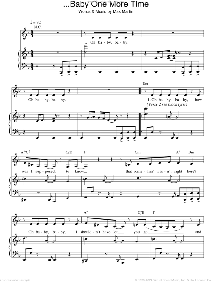 ...Baby One More Time sheet music for voice and piano by Britney Spears and Max Martin, intermediate skill level