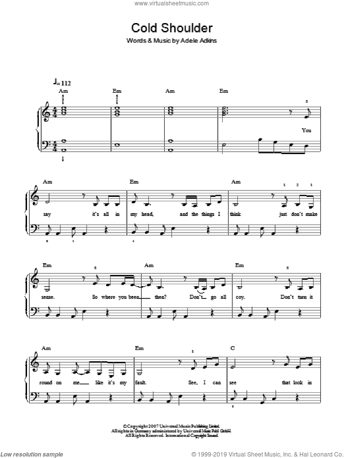 Cold Shoulder sheet music for piano solo by Adele and Adele Adkins, easy skill level