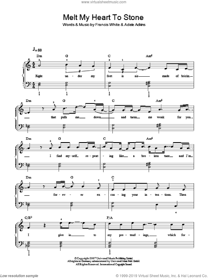 Melt My Heart To Stone, (easy) sheet music for piano solo by Adele, Adele Adkins and Francis White, easy skill level