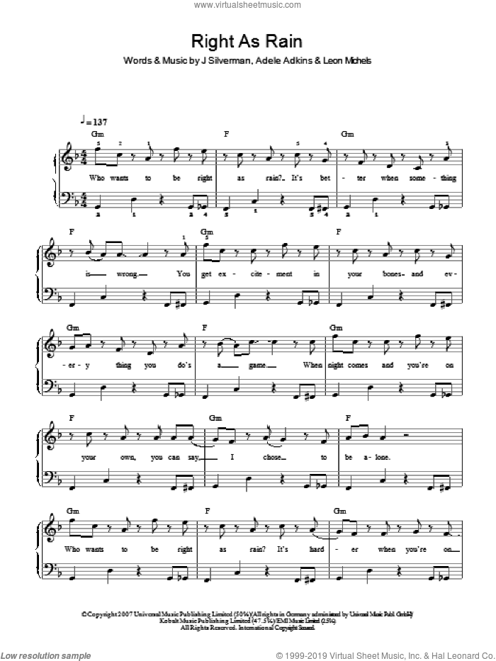 Right As Rain sheet music for piano solo by Adele, Adele Adkins, J Silverman and Leon Michels, easy skill level