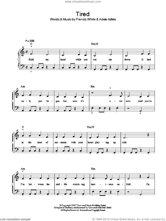 Tired sheet music for piano solo by Adele, Adele Adkins and Francis White, easy skill level