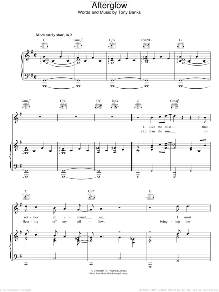 Afterglow sheet music for voice, piano or guitar by Genesis and Tony Banks, intermediate skill level