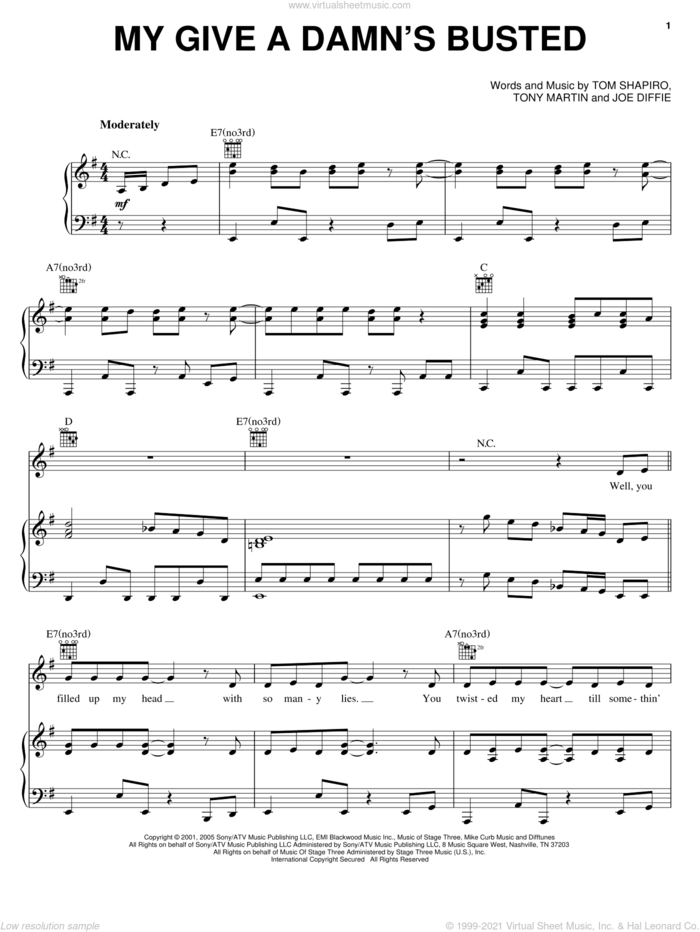 My Give A Damn's Busted sheet music for voice, piano or guitar by Jo Dee Messina, Joe Diffie, Tom Shapiro and Tony Martin, intermediate skill level