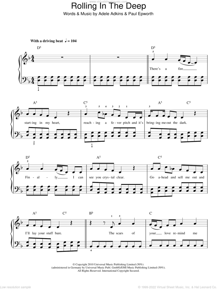 Rolling In The Deep sheet music for piano solo by Adele, Adele Adkins and Paul Epworth, easy skill level
