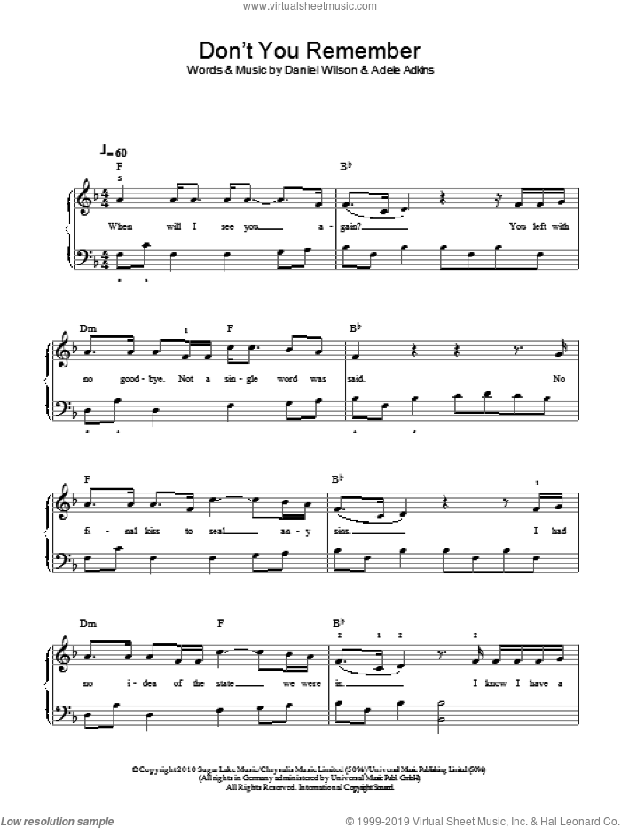 Don't You Remember sheet music for piano solo by Adele, Adele Adkins and Dan Wilson, easy skill level