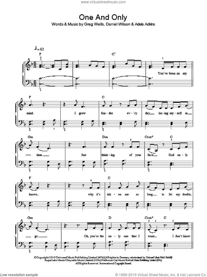One And Only sheet music for piano solo by Adele, Adele Adkins, Dan Wilson and Greg Wells, easy skill level