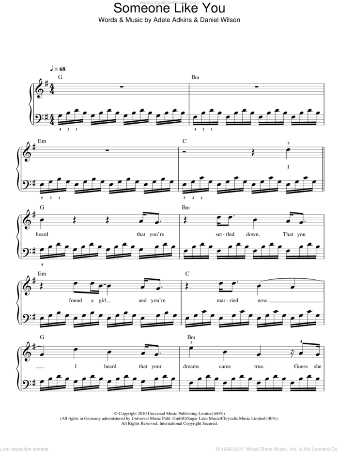 Someone Like You sheet music for piano solo by Adele, Adele Adkins and Dan Wilson, easy skill level