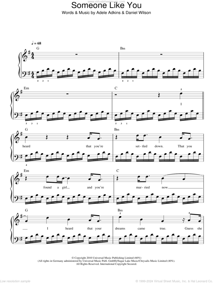 Someone Like You sheet music for piano solo by Adele, Adele Adkins and Dan Wilson, easy skill level