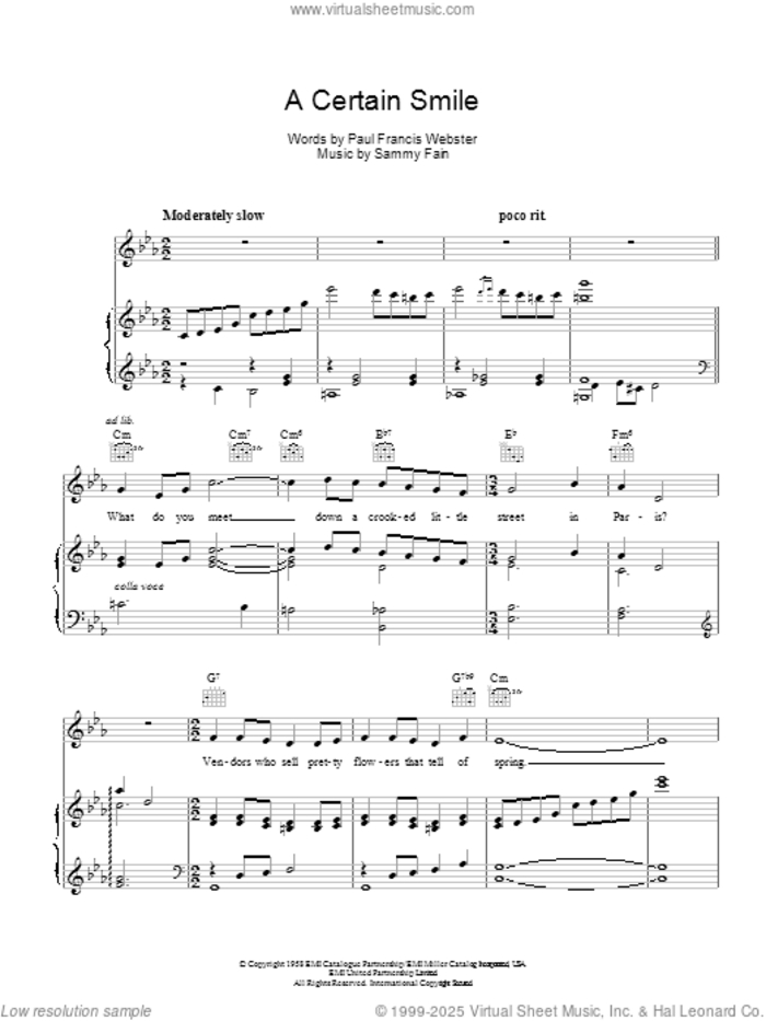 A Certain Smile sheet music for voice, piano or guitar by Johnny Mathis, Paul Francis Webster and Sammy Fain, intermediate skill level