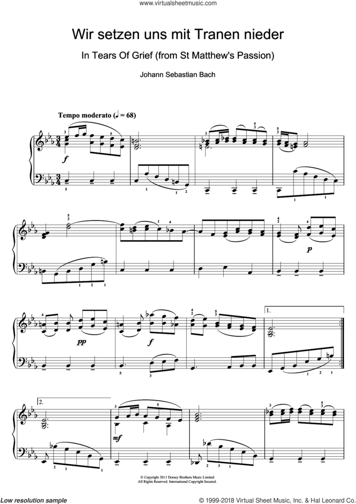 Wir setzen uns mit Tranen nieder sheet music for piano solo by Johann Sebastian Bach, classical score, intermediate skill level