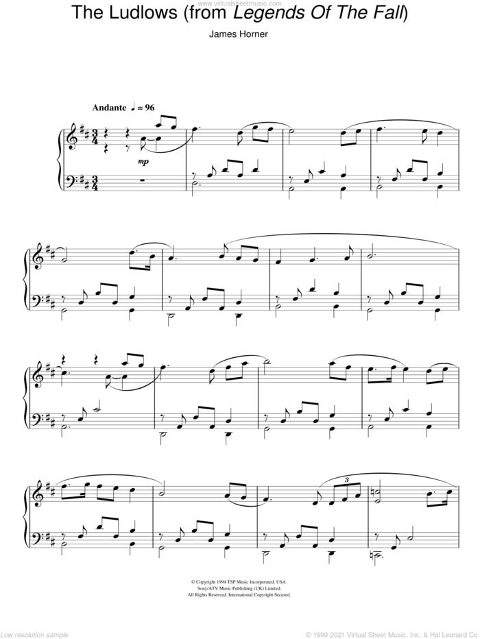 The Ludlows sheet music for piano solo by James Horner, intermediate skill level