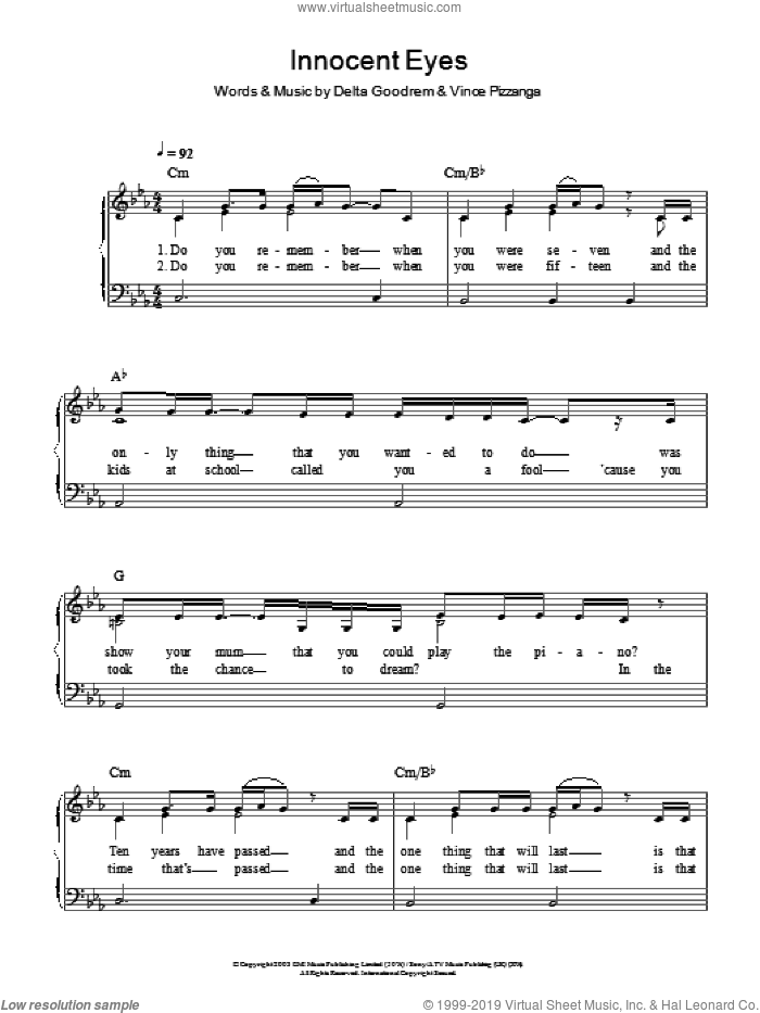 Innocent Eyes sheet music for piano solo by Delta Goodrem and Vince Pizzinga, easy skill level
