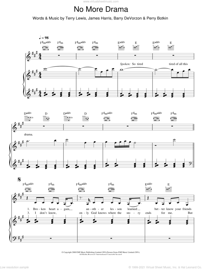 No More Drama sheet music for voice and piano by Mary J. Blige, Barry DeVorzon, James Harris, Perry Botkin, Jr. and Terry Lewis, intermediate skill level
