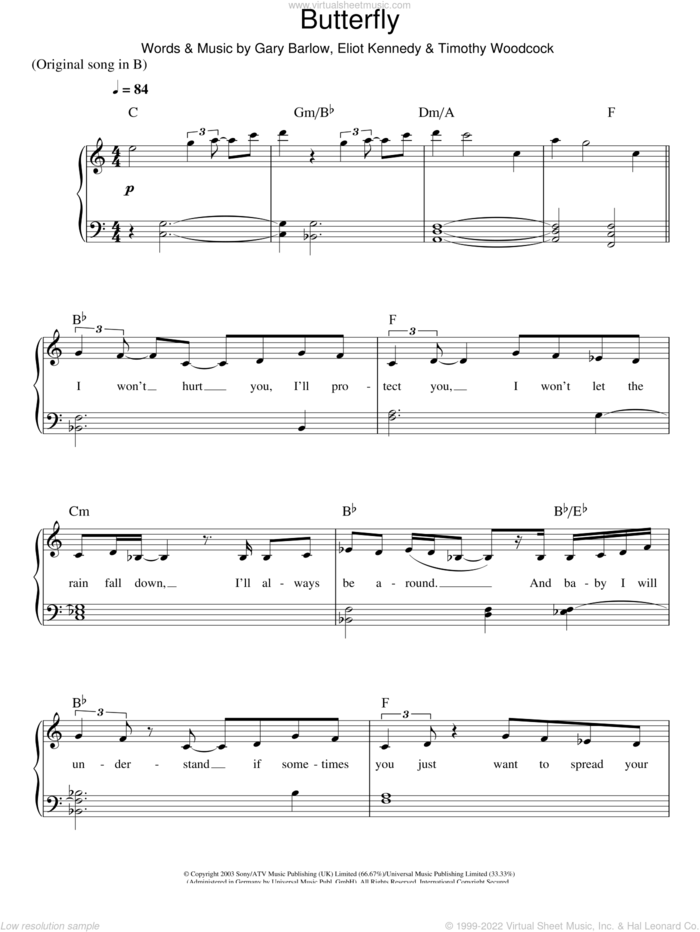 Butterfly, (easy) sheet music for piano solo by Delta Goodrem, Eliot Kennedy, Gary Barlow and Tim Woodcock, easy skill level