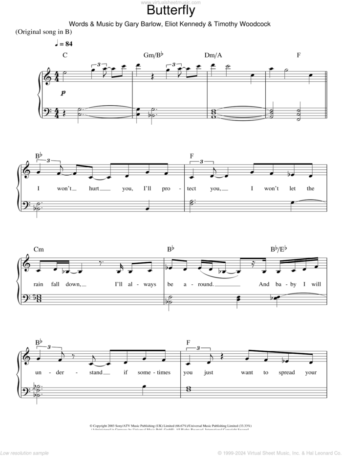 Butterfly, (easy) sheet music for piano solo by Delta Goodrem, Eliot Kennedy, Gary Barlow and Tim Woodcock, easy skill level