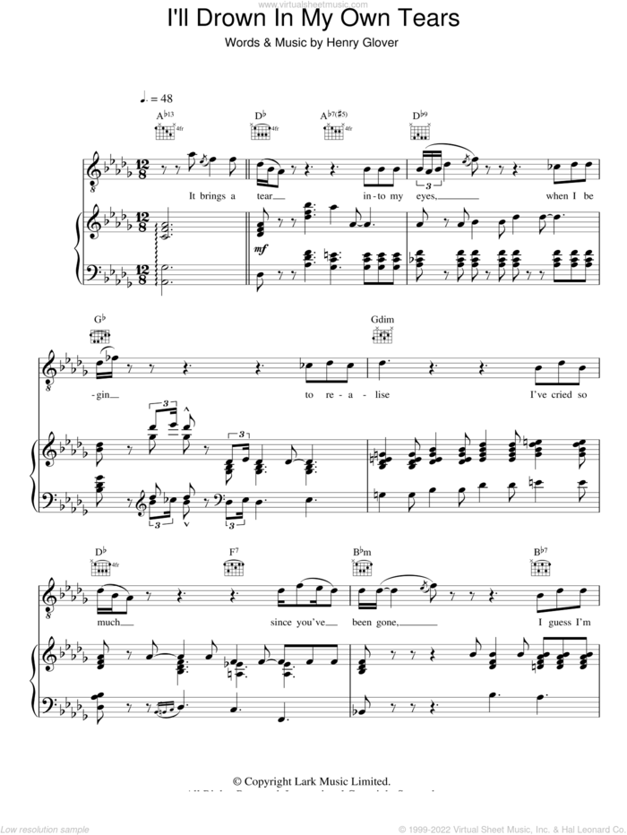 I'll Drown In My Own Tears sheet music for voice, piano or guitar by Ray Charles and Henry Glover, intermediate skill level