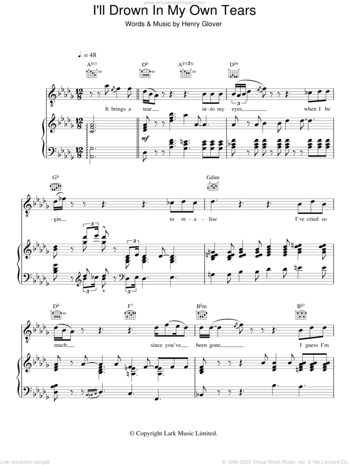 I'll Drown In My Own Tears sheet music for voice, piano or guitar by Ray Charles and Henry Glover, intermediate skill level