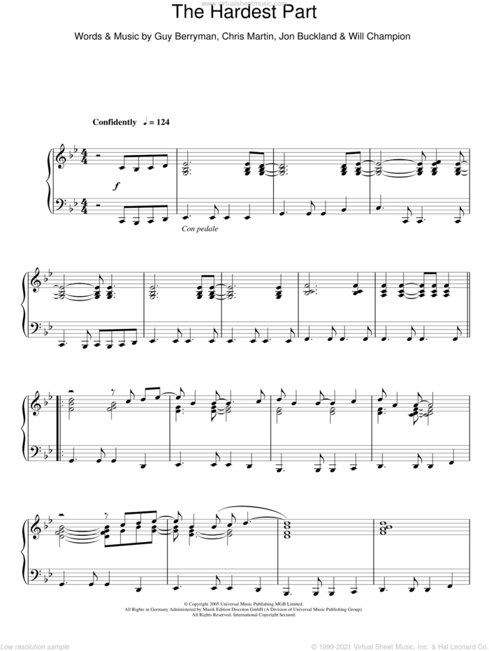 The Hardest Part, (intermediate) sheet music for piano solo by Coldplay, Chris Martin, Guy Berryman, Jon Buckland and Will Champion, intermediate skill level