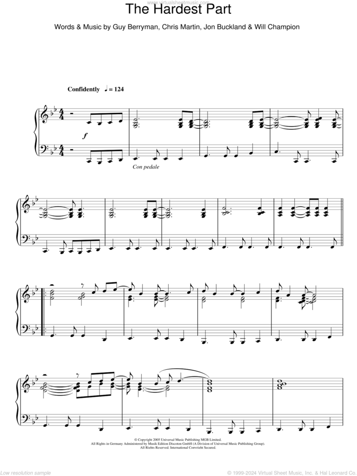 The Hardest Part, (intermediate) sheet music for piano solo by Coldplay, Chris Martin, Guy Berryman, Jon Buckland and Will Champion, intermediate skill level