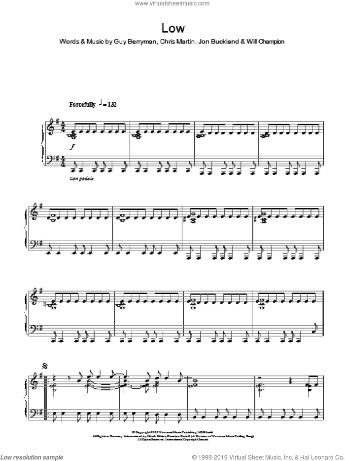 Low sheet music for piano solo by Coldplay, Chris Martin, Guy Berryman, Jon Buckland and Will Champion, intermediate skill level