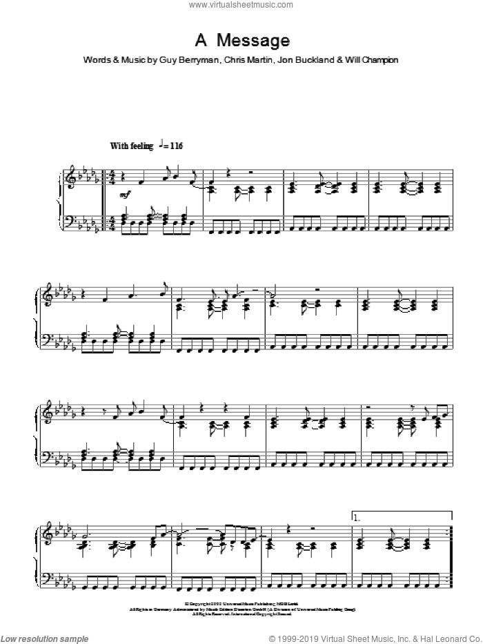 A Message sheet music for piano solo by Coldplay, Chris Martin, Guy Berryman, Jon Buckland and Will Champion, intermediate skill level