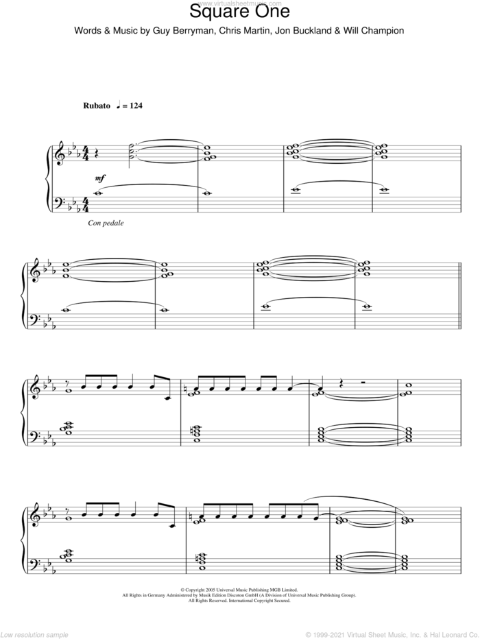 Square One, (intermediate) sheet music for piano solo by Coldplay, Chris Martin, Guy Berryman, Jon Buckland and Will Champion, intermediate skill level