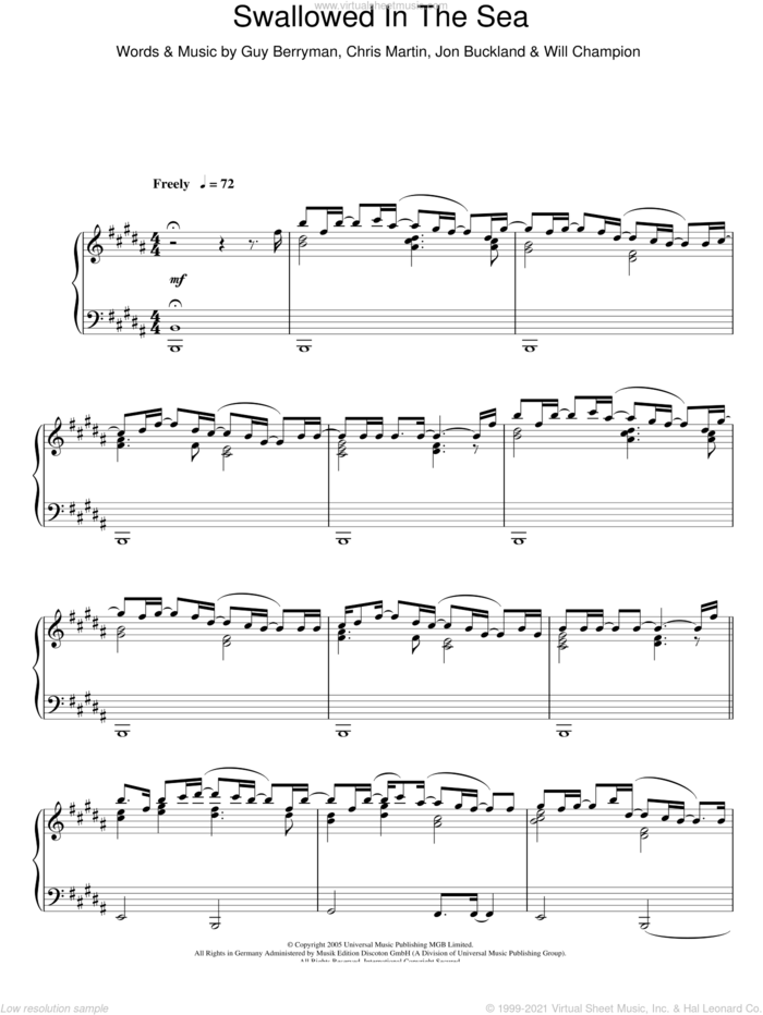 Swallowed In The Sea, (intermediate) sheet music for piano solo by Coldplay, Chris Martin, Guy Berryman, Jon Buckland and Will Champion, intermediate skill level