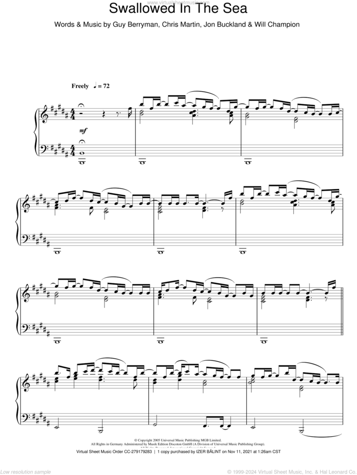 Swallowed In The Sea sheet music for piano solo by Coldplay, Chris Martin, Guy Berryman, Jon Buckland and Will Champion, intermediate skill level