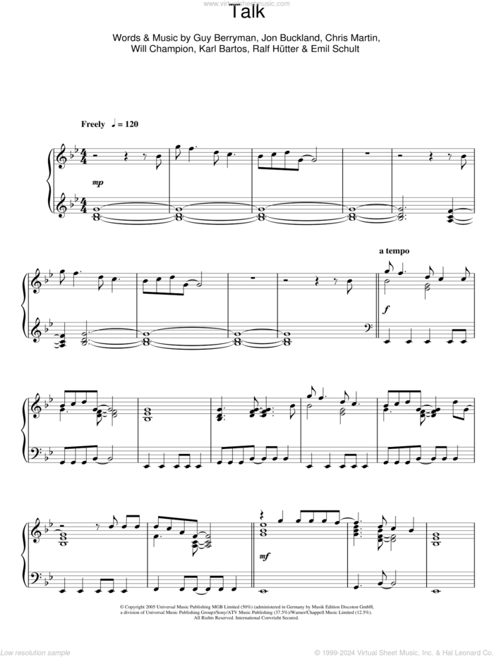 Talk, (intermediate) sheet music for piano solo by Coldplay, Chris Martin, Emil Schult, Guy Berryman, Jon Buckland, Karl Bartos, Ralf Hutter, Ralf Hutter and Will Champion, intermediate skill level